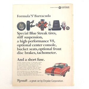 Vintage Plymouth Formula S Barracuda Print Ad Muscle Car Racing Collector Decor